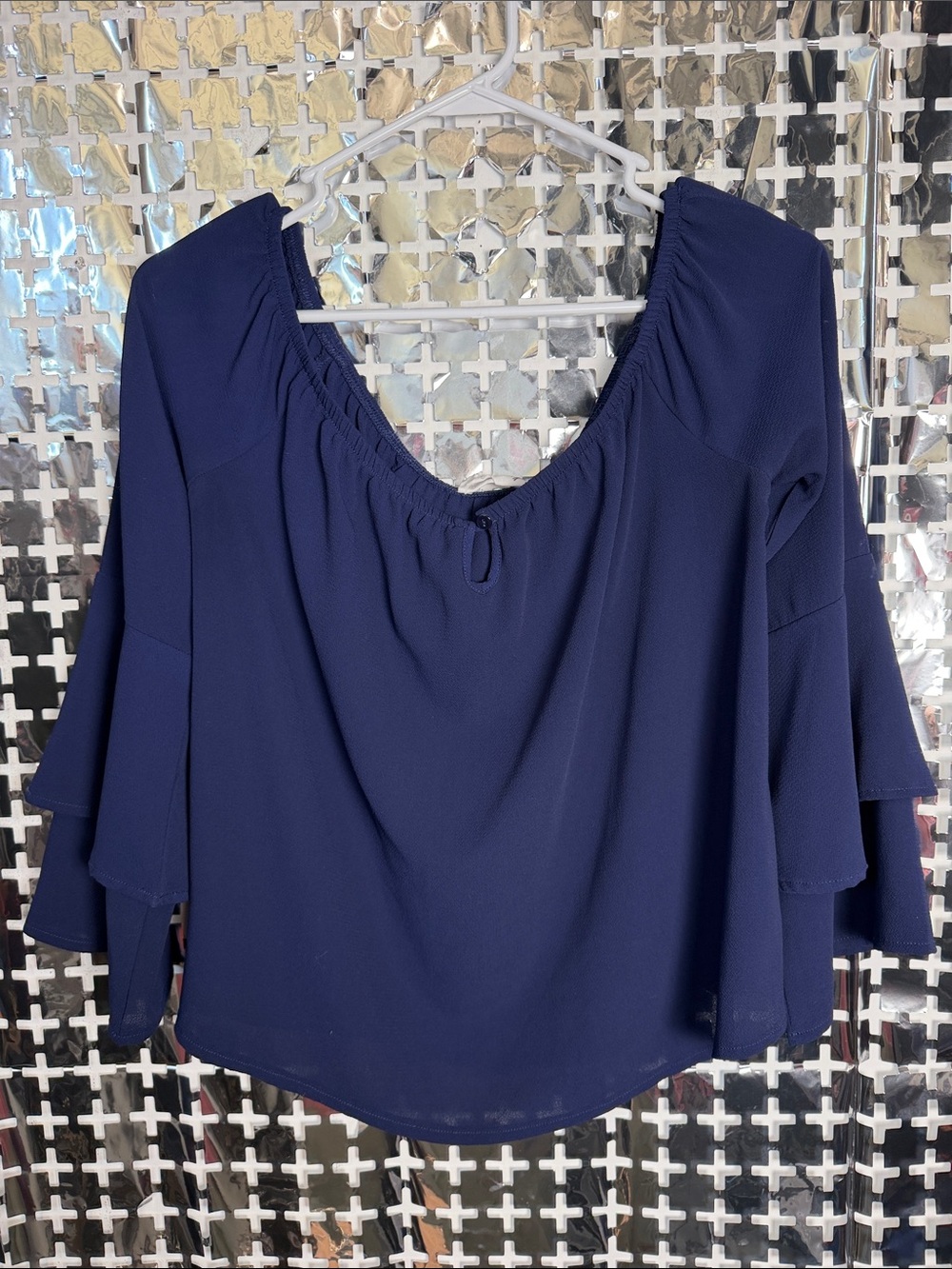 Olive & Oak Navy Blue Peasant Blouse with Tiered Bell Sleeves